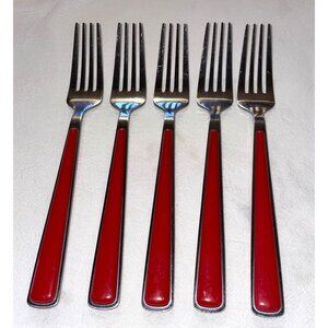 set of 6 Fiesta dinnerware (5) dinner forks red/2 blue salad forks
